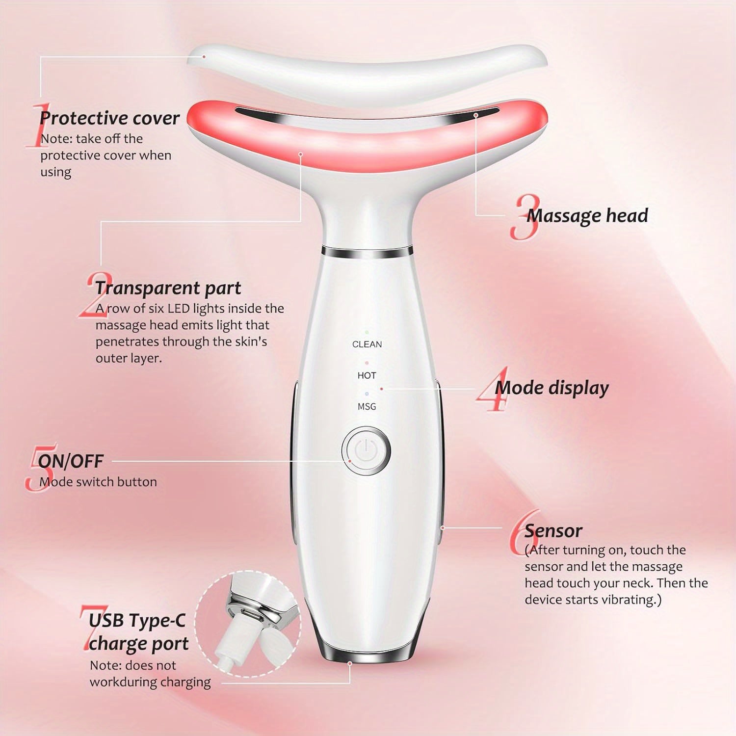 USB Rechargeable Facial & Neck Massager with 3 Massage Modes(White)-3