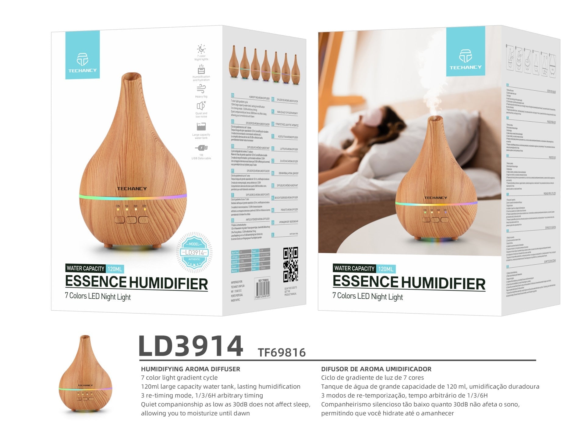 Difusor de aromaterapia Techancy, LD3914, com função humidificadora, acabamento em madeira-2
